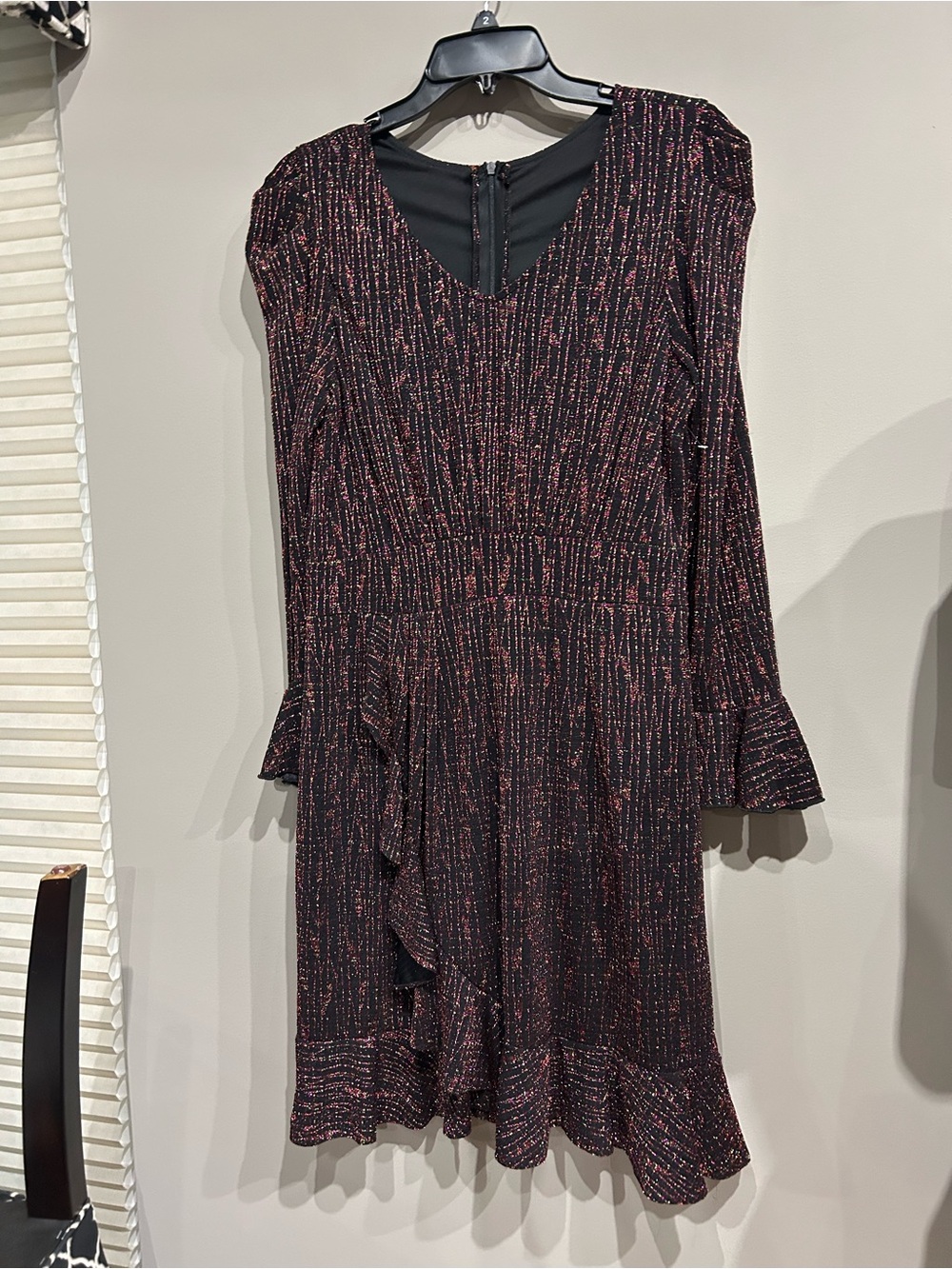 Women’s Black and Pink Sparkle Long-Sleeve Ruffle Dress